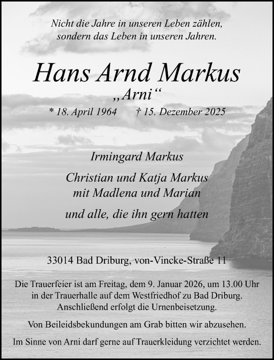 Traueranzeige von Hans Arnd Markus von Neue Westfälische und Westfalen-Blatt