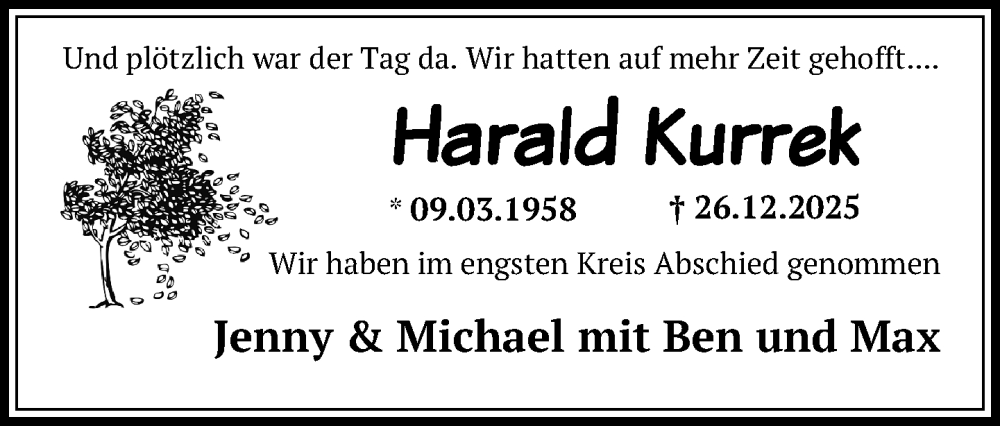  Traueranzeige für Harald Kurrek vom 17.01.2026 aus Neue Westfälische und Westfalen-Blatt