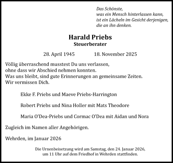 Traueranzeige von Harald Priebs von Neue Westfälische und Westfalen-Blatt