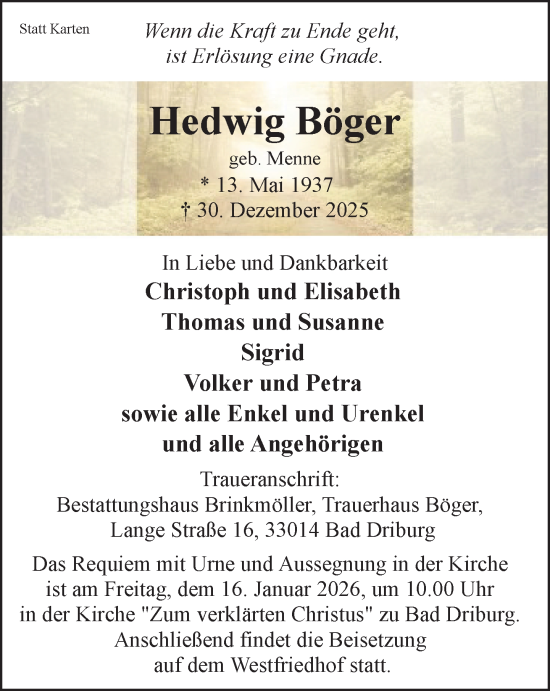 Traueranzeige von Hedwig Böger von Neue Westfälische und Westfalen-Blatt