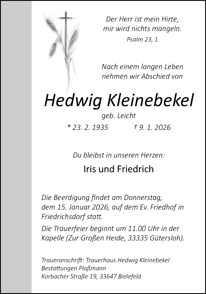  Traueranzeige für Hedwig Kleinebekel vom 13.01.2026 aus Neue Westfälische und Westfalen-Blatt