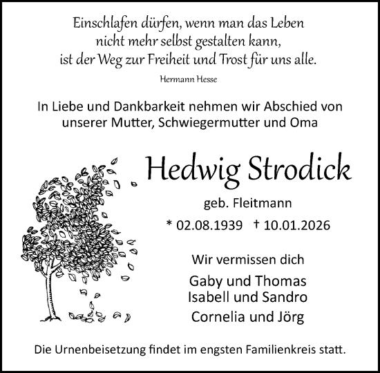 Traueranzeige von Hedwig Strodick von Neue Westfälische und Westfalen-Blatt