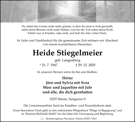 Traueranzeige von Heide Stiegelmeier von Neue Westfälische und Westfalen-Blatt