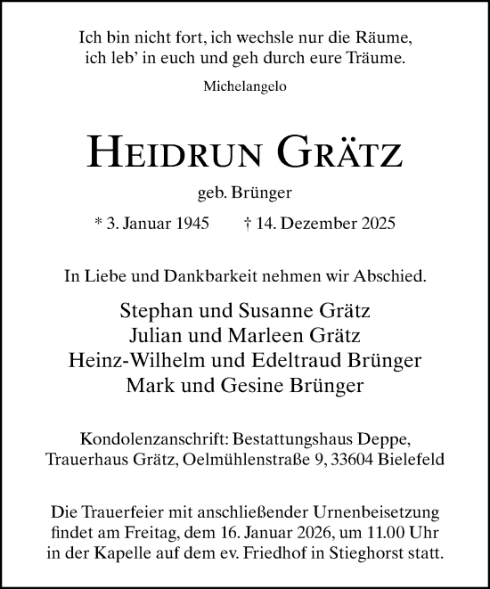 Traueranzeige von Heidrun Grätz von Neue Westfälische und Westfalen-Blatt