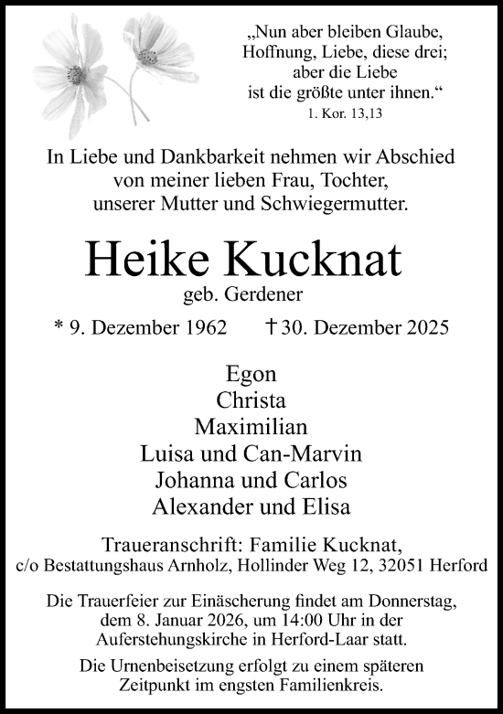 Traueranzeige von Heike Kucknat von Neue Westfälische und Westfalen-Blatt