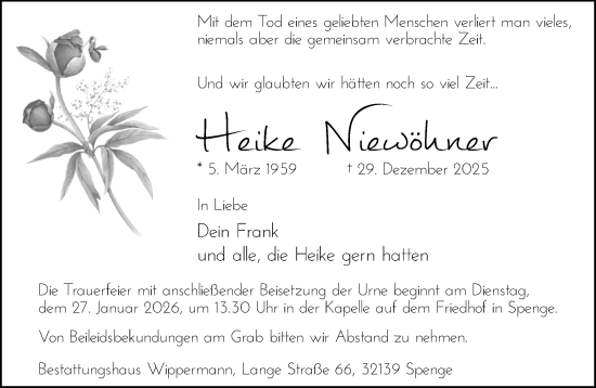 Traueranzeige von Heike Niewöhner von Neue Westfälische und Westfalen-Blatt