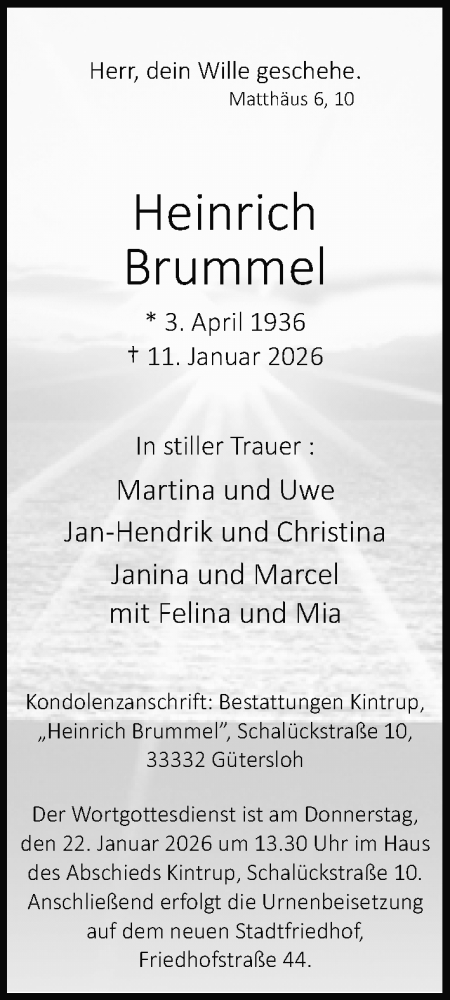 Traueranzeige von Heinrich Brummel von Neue Westfälische und Westfalen-Blatt