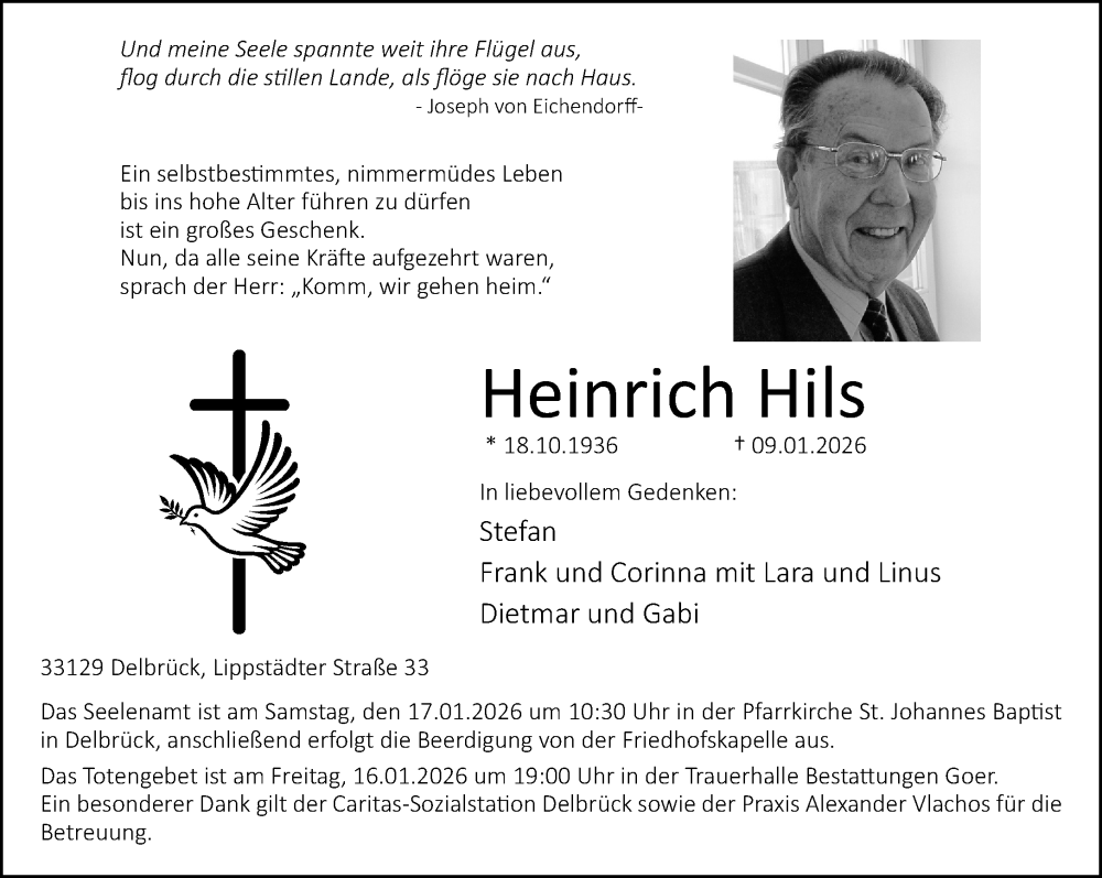  Traueranzeige für Heinrich Hils vom 14.01.2026 aus Neue Westfälische und Westfalen-Blatt