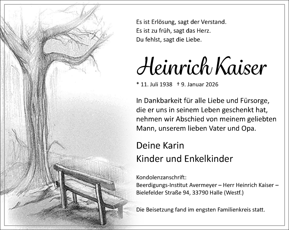  Traueranzeige für Heinrich Kaiser vom 17.01.2026 aus Neue Westfälische und Westfalen-Blatt