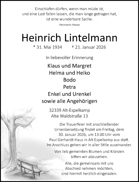 Traueranzeige von Heinrich Lintelmann von Neue Westfälische und Westfalen-Blatt