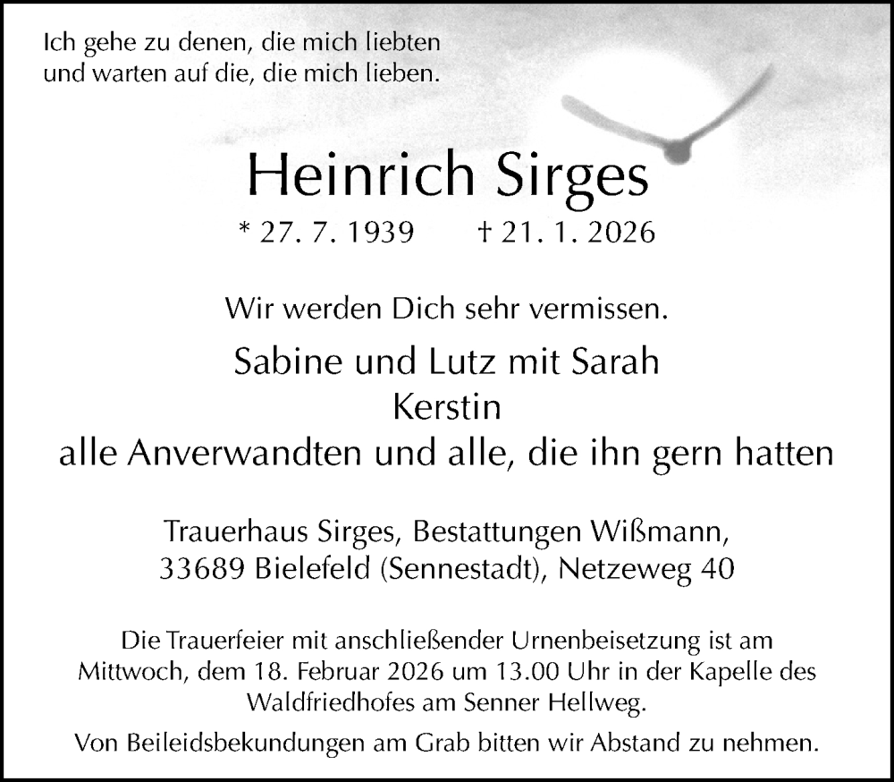  Traueranzeige für Heinrich Sirges vom 31.01.2026 aus Neue Westfälische und Westfalen-Blatt