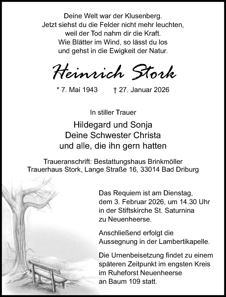  Traueranzeige für Heinrich Stork vom 31.01.2026 aus Neue Westfälische und Westfalen-Blatt