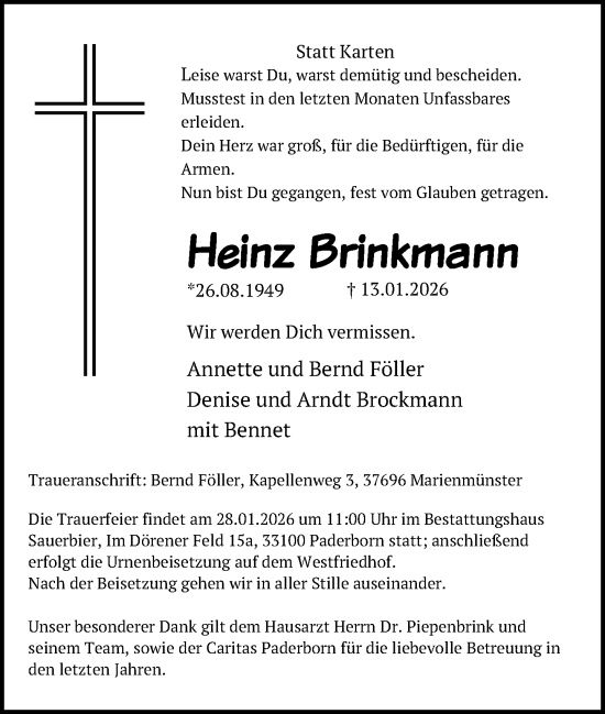 Traueranzeige von Heinz Brinkmann von Neue Westfälische und Westfalen-Blatt