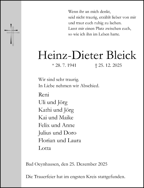 Traueranzeige von Heinz-Dieter Bleick von Neue Westfälische und Westfalen-Blatt