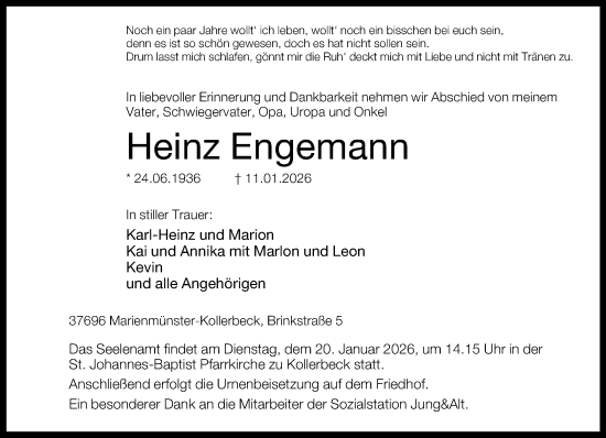 Traueranzeige von Heinz Engemann von Neue Westfälische und Westfalen-Blatt