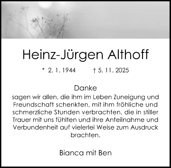 Traueranzeige von Heinz-Jürgen Althoff von Neue Westfälische und Westfalen-Blatt
