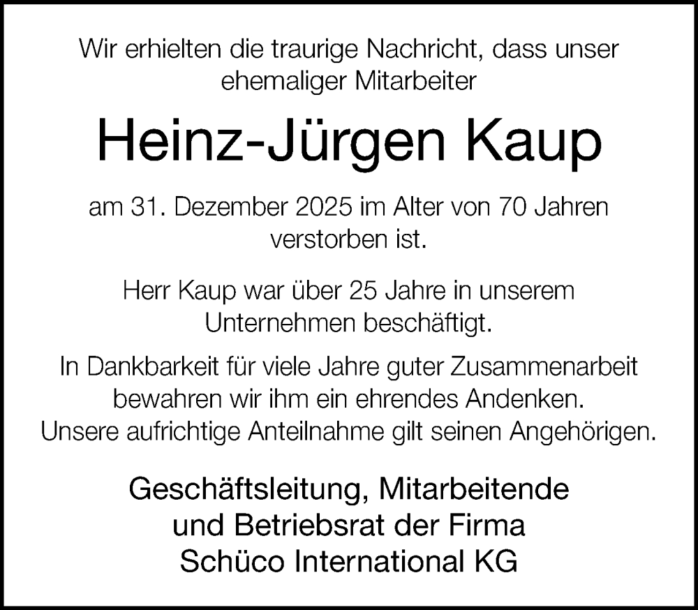  Traueranzeige für Heinz-Jürgen Kaup vom 10.01.2026 aus Neue Westfälische und Westfalen-Blatt