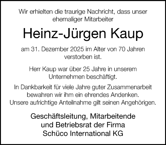 Traueranzeige von Heinz-Jürgen Kaup von Neue Westfälische und Westfalen-Blatt