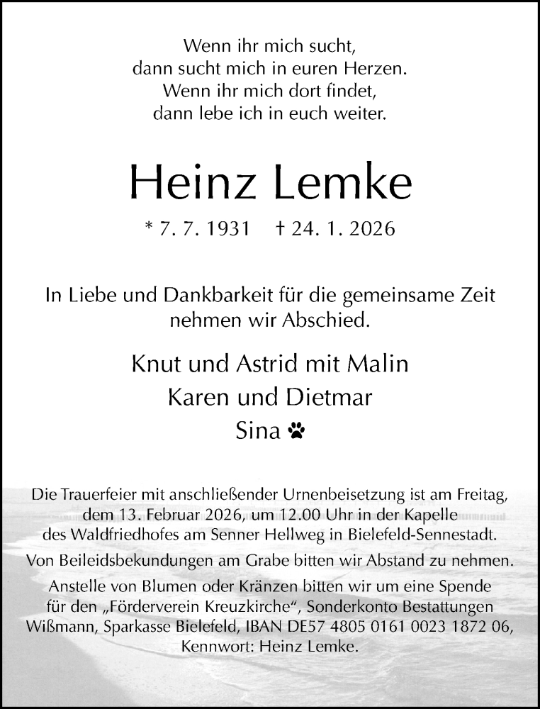  Traueranzeige für Heinz Lemke vom 31.01.2026 aus Neue Westfälische und Westfalen-Blatt