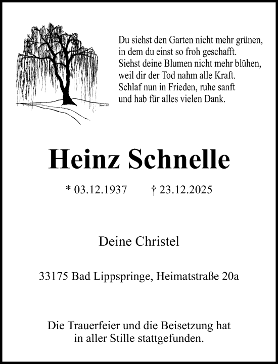 Traueranzeige von Heinz Schnelle von Neue Westfälische und Westfalen-Blatt