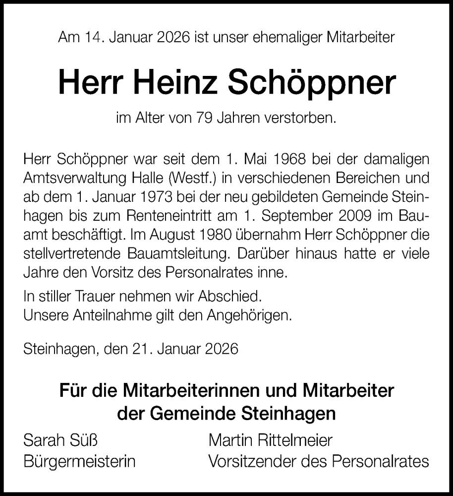  Traueranzeige für Heinz Schöppner vom 21.01.2026 aus Neue Westfälische und Westfalen-Blatt