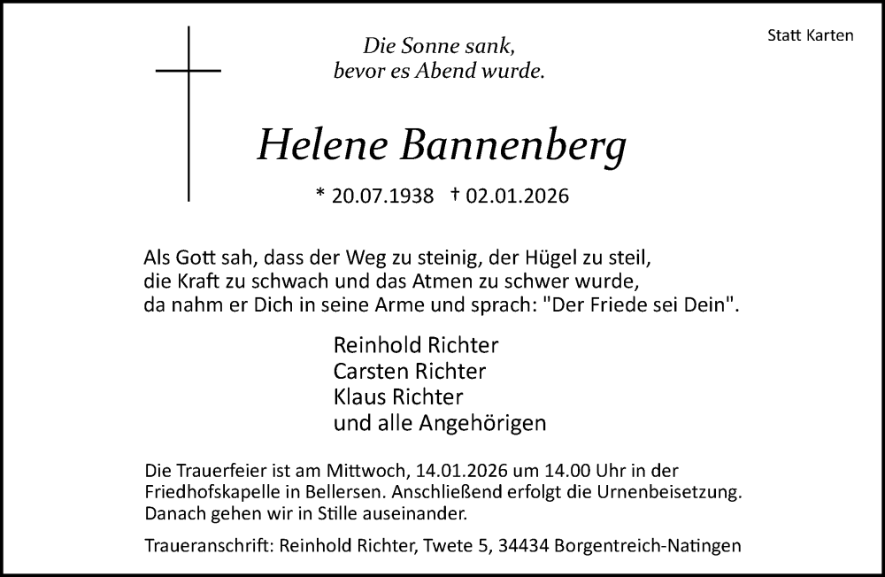  Traueranzeige für Helene Bannenberg vom 10.01.2026 aus Neue Westfälische und Westfalen-Blatt