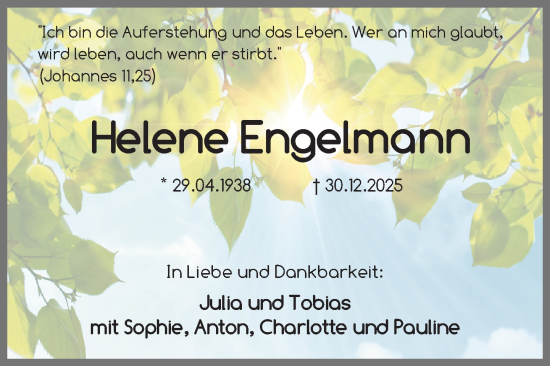 Traueranzeige von Helene Engelmann von Neue Westfälische und Westfalen-Blatt