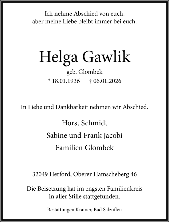 Traueranzeige von Helga Gawlik von Neue Westfälische und Westfalen-Blatt