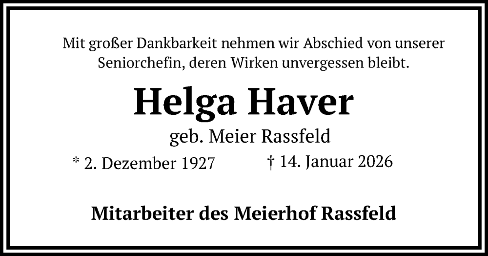  Traueranzeige für Helga Haver vom 23.01.2026 aus Neue Westfälische und Westfalen-Blatt