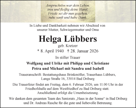Traueranzeige von Helga Lübbers von Neue Westfälische und Westfalen-Blatt
