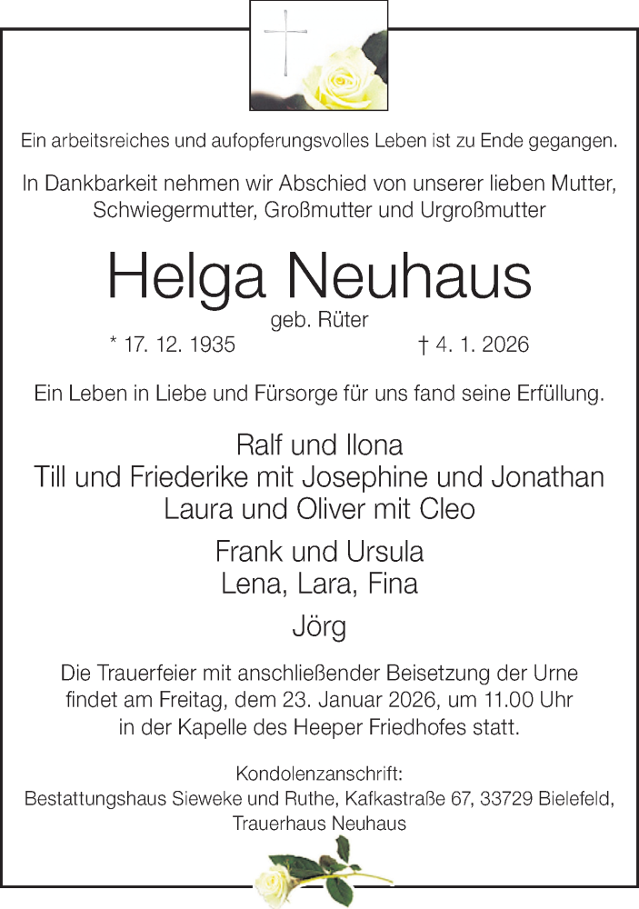  Traueranzeige für Helga Neuhaus vom 10.01.2026 aus Neue Westfälische und Westfalen-Blatt
