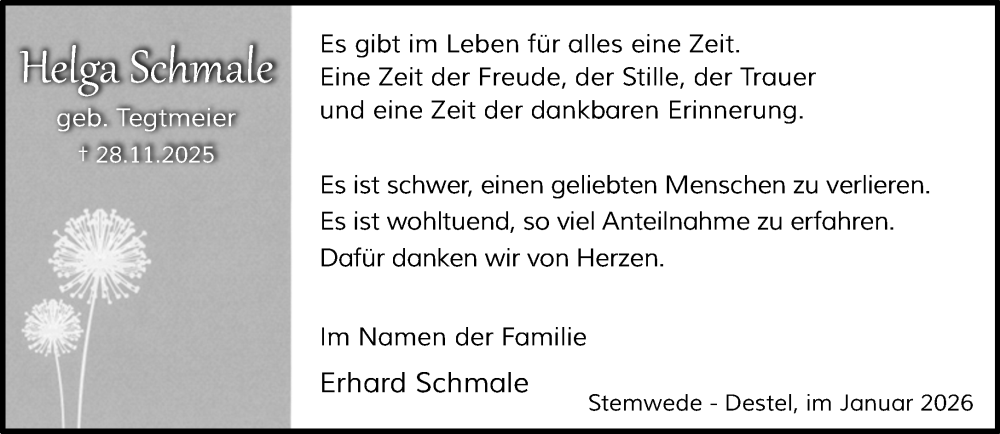  Traueranzeige für Helga Schmale vom 24.01.2026 aus Neue Westfälische und Westfalen-Blatt