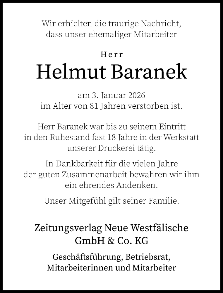  Traueranzeige für Helmut Baranek vom 17.01.2026 aus Neue Westfälische und Westfalen-Blatt