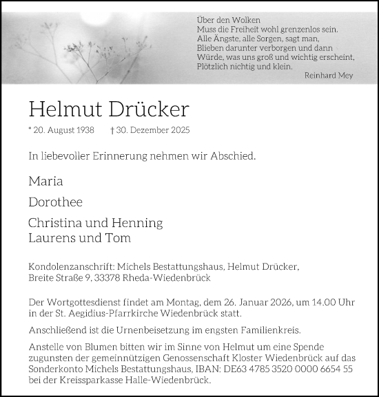 Traueranzeige von Helmut Drücker von Neue Westfälische und Westfalen-Blatt