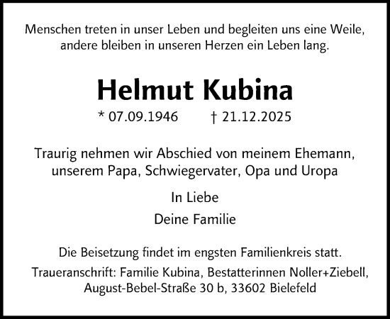 Traueranzeige von Helmut Kubina von Neue Westfälische und Westfalen-Blatt