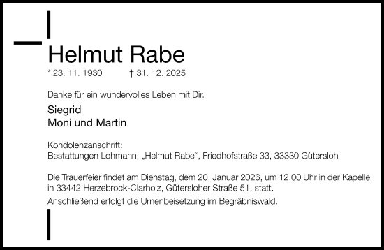 Traueranzeige von Helmut Rabe von Neue Westfälische und Westfalen-Blatt