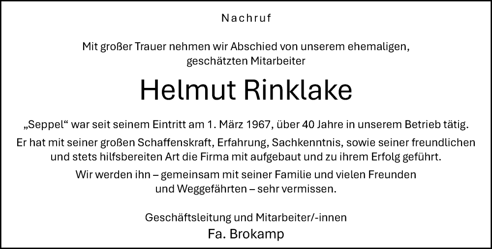  Traueranzeige für Helmut Rinklake vom 03.01.2026 aus Neue Westfälische und Westfalen-Blatt