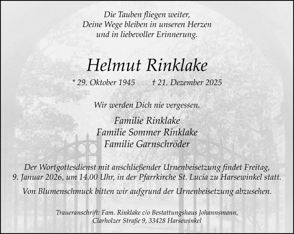  Traueranzeige für Helmut Rinklake vom 03.01.2026 aus Neue Westfälische und Westfalen-Blatt