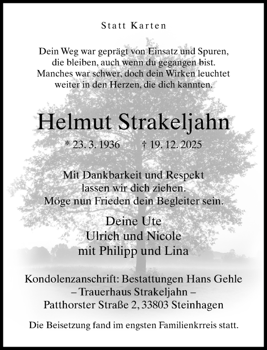 Traueranzeige von Helmut Strakeljahn von Neue Westfälische und Westfalen-Blatt