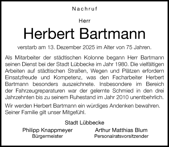 Traueranzeige von Herbert Bartmann von Neue Westfälische und Westfalen-Blatt