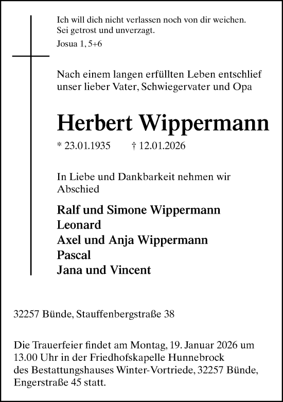 Traueranzeige von Herbert Wippermann von Neue Westfälische und Westfalen-Blatt