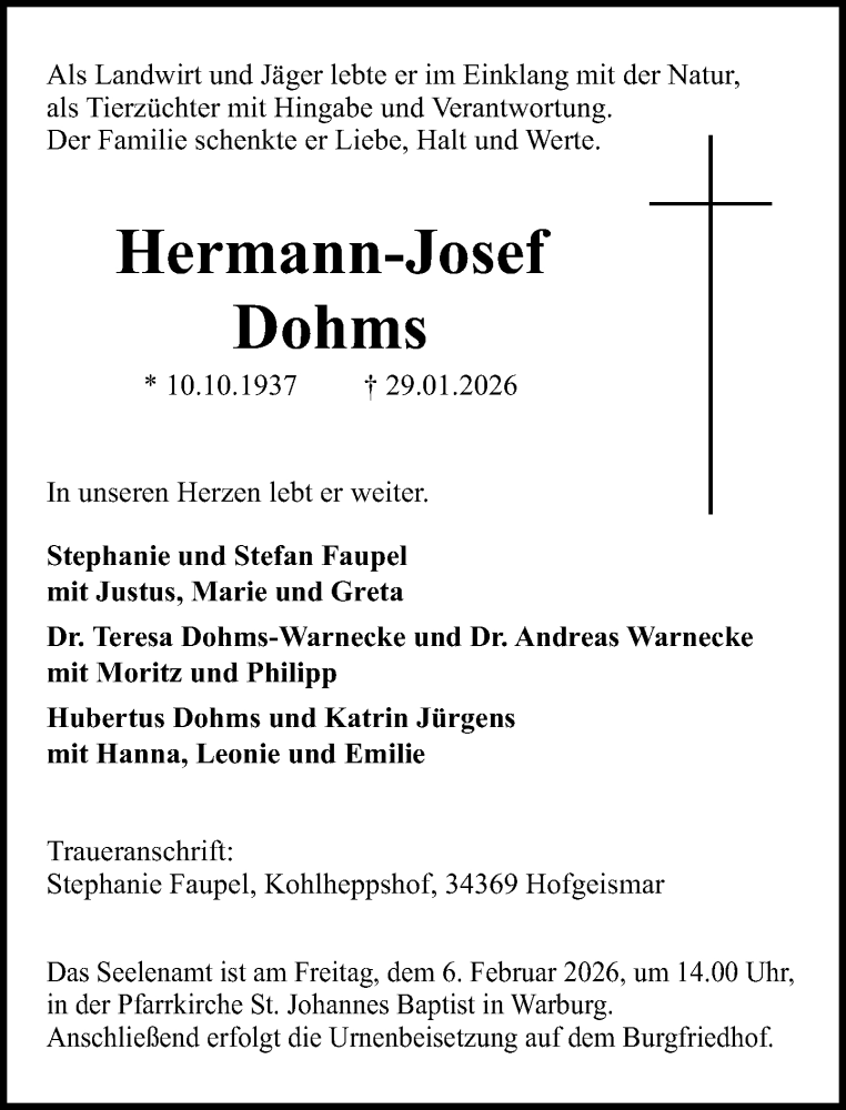  Traueranzeige für Hermann-Josef Dohms vom 31.01.2026 aus Neue Westfälische und Westfalen-Blatt