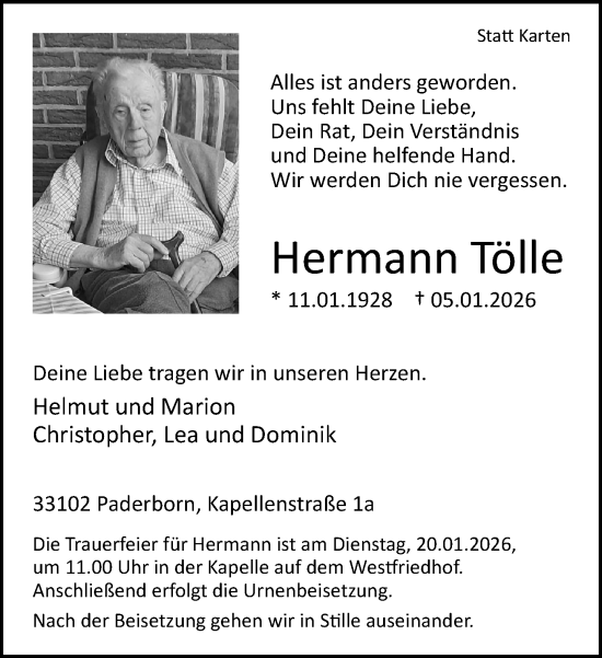 Traueranzeige von Hermann Tölle von Neue Westfälische und Westfalen-Blatt