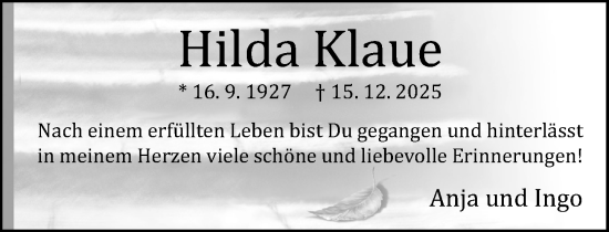 Traueranzeige von Hilda Klaue von Neue Westfälische und Westfalen-Blatt