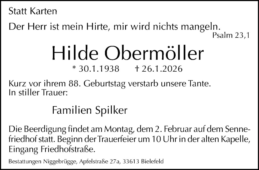  Traueranzeige für Hilde Obermöller vom 28.01.2026 aus Neue Westfälische und Westfalen-Blatt