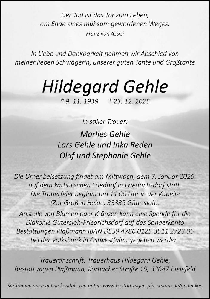  Traueranzeige für Hildegard Gehle vom 03.01.2026 aus Neue Westfälische und Westfalen-Blatt