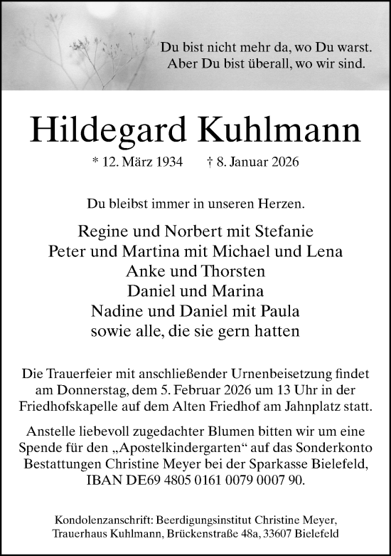Traueranzeige von Hildegard Kuhlmann von Neue Westfälische und Westfalen-Blatt