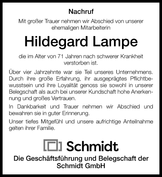 Traueranzeige von Hildegard Lampe von Neue Westfälische und Westfalen-Blatt