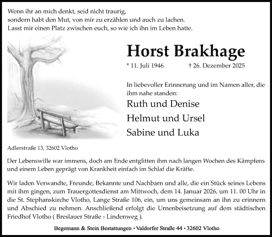 Traueranzeige von Horst Brakhage von Neue Westfälische und Westfalen-Blatt