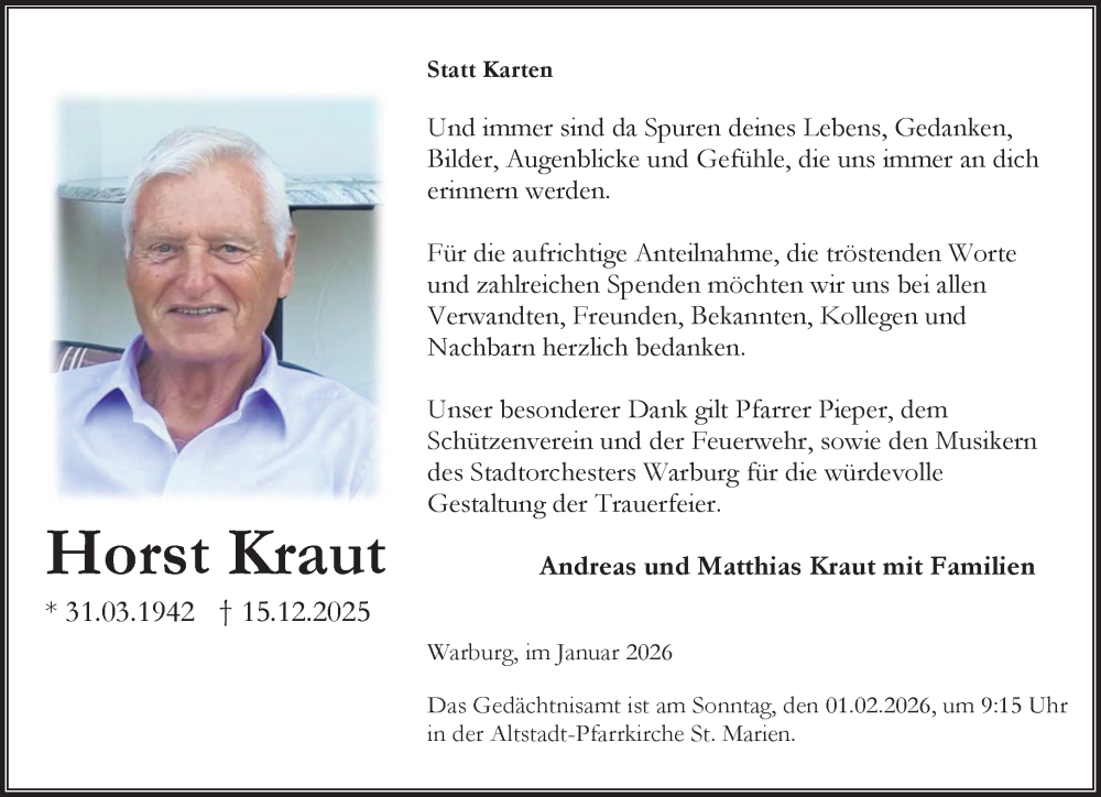  Traueranzeige für Horst Kraut vom 24.01.2026 aus Neue Westfälische und Westfalen-Blatt